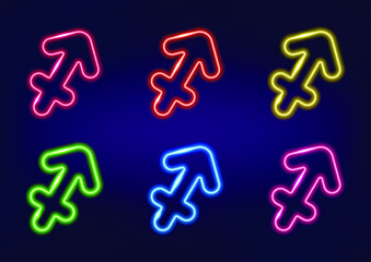 Sagittarius zodiac sign, horoscope sign in neon style on dark background. Astrology sign, neon frame. Set of neon zodiac signs in different colors.