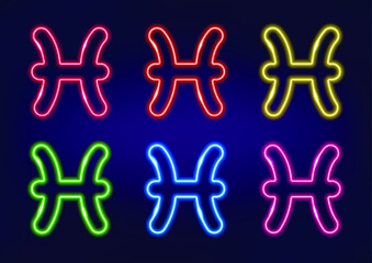 Pisces zodiac sign, horoscope sign in neon style on dark background. Astrology sign, neon frame. Set of neon zodiac signs in different colors.