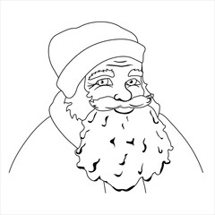 Outline Christmas and New Year minimalistic illustration. Kind and friendly smiling Santa Claus isolated on white background. Page of a children's coloring book