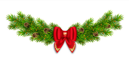 Christmas vignette with fir branches and cones, red bow with ribbons and gold glitter. Red stone in the shape of a heart. New Year's decor for the home. Vector 3d realistic illustration.