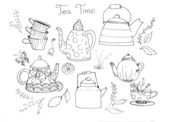 set of hand drawn illustrations. tea kettle set with lavender and lemon. Tea time with yellow, purpule cups. Kettle lemon print, black and white