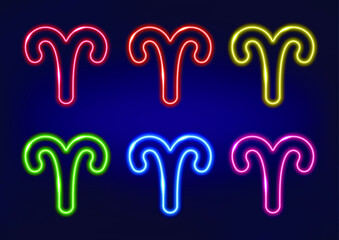 Aries zodiac sign, horoscope sign in neon style on dark background. Astrology sign, neon frame. Set of neon zodiac signs in different colors.