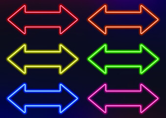 Neon frame. Set of neon arrows in different colors. Laser glowing lines on a dark background. Neon glowing pointer.