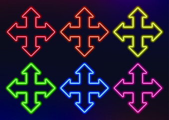 Neon frame. Set of neon arrows in different colors. Laser glowing lines on a dark background. Neon glowing pointer.