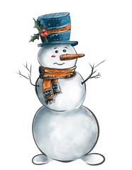 snowman isolated on white. acrilic digital sketching winter illustration