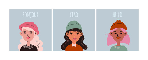 Set of cute cartoon female faces of different cultures in hats. Young women blonde, brunette, pink-haired in headdresses with greetings. Hand drawn vector stock illustration isolated blue background. © Larisa Zaytseva