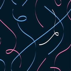 Hand-drawn seamless pattern. Falling pink, blue and white ribbons on a dark background. Decorative background for textiles, packaging, print for the holiday.
