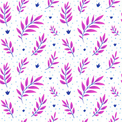 Fototapeta na wymiar Hand-drawn seamless pattern. Small blue and bright purple leaves on a white background with blue spots. Decorative background for textiles, packaging, prints.
