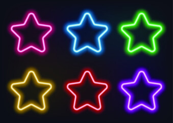 Neon frame. Set of neon stars in different colors. Laser glowing lines on a black background.