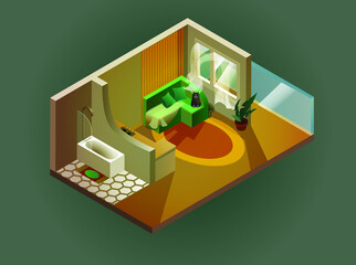 Isometric drawing of a studio room or apartment. Kitchen, bathroom and sofa with cats and flower, balcony, curtains. A small cozy apartment house