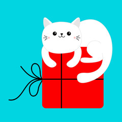 White cat holding big red Merry Christmas gift box. Cute cartoon funny character. Funny kawaii doodle contour line animal. Present giftbox. Xmas card. Pet collection. Flat design. Blue background.