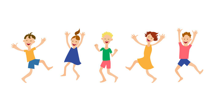 Funny children jump and dance. Vector color cartoon image.