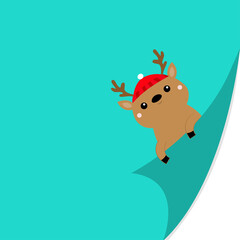Merry Christmas. Curled paper corner. Raindeer, deer face holding fold page corners. Red Santa hat. Cute cartoon kawaii funny baby animal character. Xmas greeting card template. Blue background