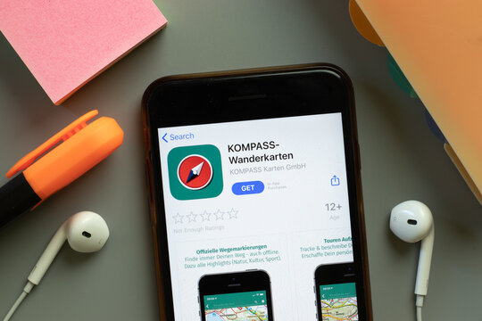 New York, United States - 7 November 2020: KOMPASS Wanderkarten app store logo on phone screen, Illustrative Editorial