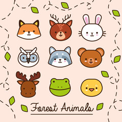 bundle of kawaii animals with leaves plant line and fill style