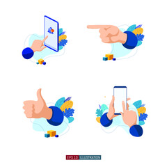 Trendy flat illustration set. Hands holding  smartphone. Index finger. Screen operations. Communication. Message exchange. Thumb up. Template for your design works. Vector graphics.
