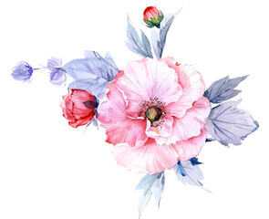 Watercolor illustration of flowers and leaves.Manual composition.Design for cover, fabric, textile, wrapping paper .