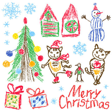 Christmas knolling style set with cat. Like child hand drawing snowman, tree, kitten, gift box, snow, hut on white background. Crayon, pastel chalk, pencil kid painting flat funny doodle simple vector