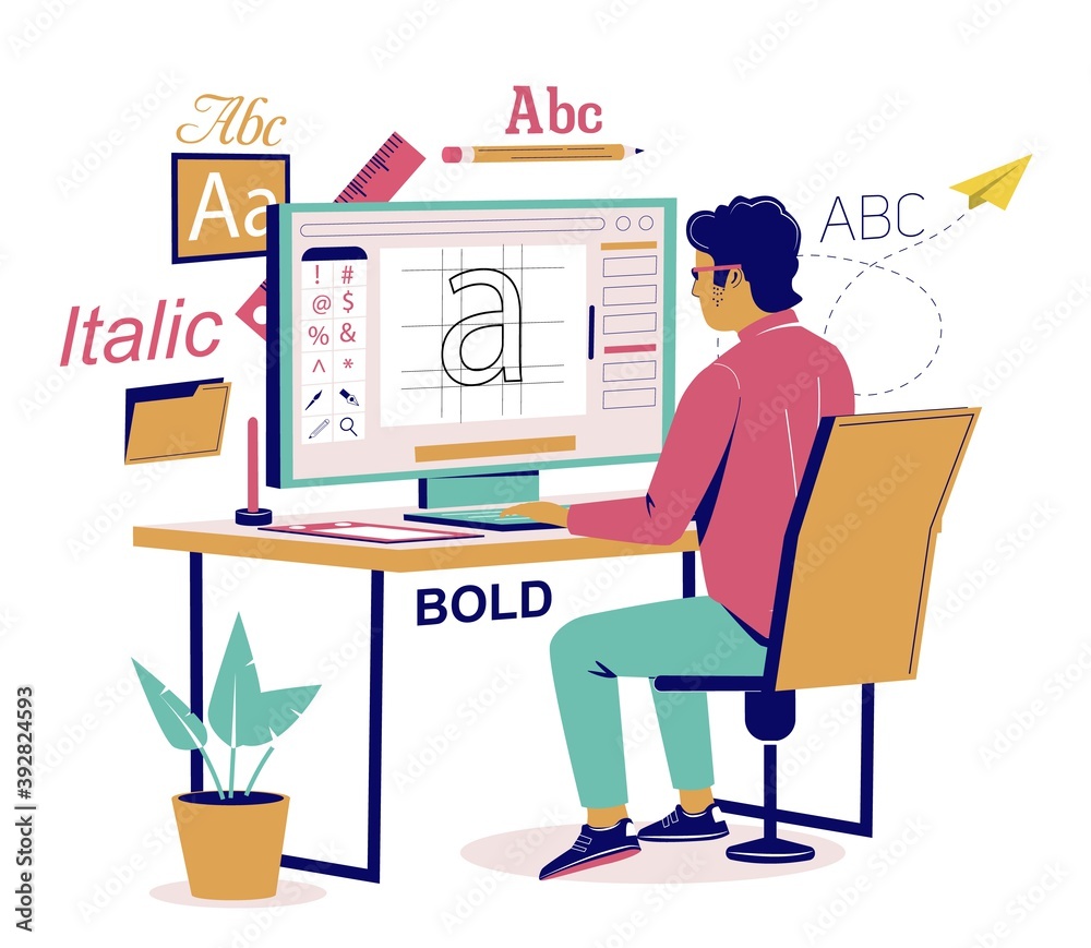 Fototapete graphic designer creating his own font using computer software sitting at desk, vector flat isometri