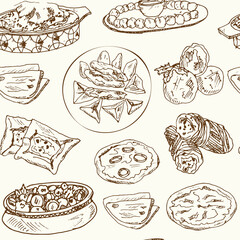 Hong Kong street food Menu doodle seamless pattern on chalkboard. Vector illustration