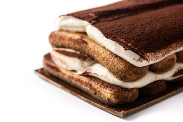 Traditional tiramisu cake isolated on white background