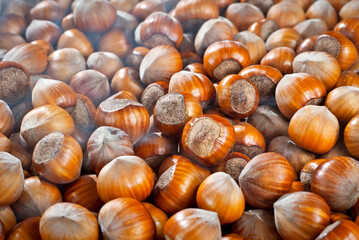 Hazelnuts on a pile close up. Texture of nuts with steam. Lots of nuts in the blue smoke.