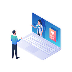 Medical advice online isometric vector illustration. Female character in white coat with laptop screen gives advice.