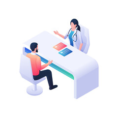 Medical consultation isometric illustration. Female character in white coat at table with medical history gives advice.