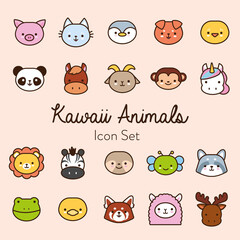 bundle of twenty kawaii animals line and fill style