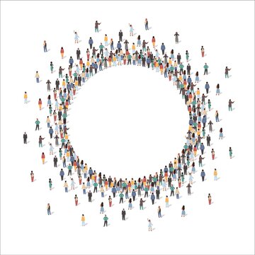 Large group of people forming circle frame standing together, flat vector illustration. People crowd gathering in shape of round border.