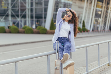 A young beautiful girl student leaves the airport in a new city, and waits for a taxi