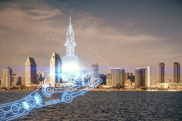 Double exposure of start up theme drawings over cityscape background. Concept of success.