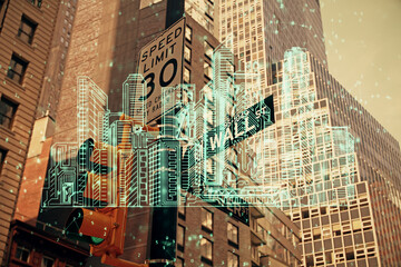 Plakat Double exposure of buildings hologram over cityscape background. Concept of smart city.