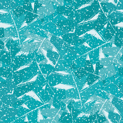 Mono print style aqua blue tropical leaves seamless vector pattern background. Textural backdrop with overlapping layered cut out foliage and frosted grunge texture Painterly botanical design.