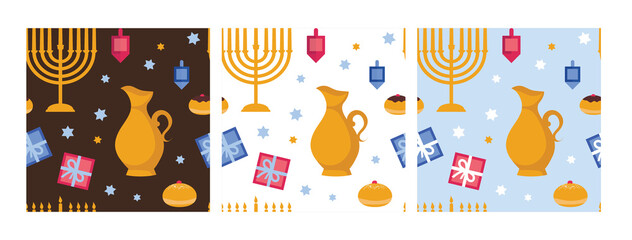 Hanukkah seamless pattern with menorah, dreidel, coins, snowflakes, donuts, bows and Jewish star. Perfect for wallpapers, gift papers, patterns fills, textile, Hanukkah greeting cards