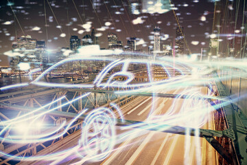 Double exposure of transport theme hologram drawing and city view background. Concept autopilot.