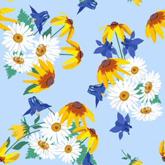 Vector seamless illustration with beautiful garden chamomile,rudbeckia and aquilegia on a light blue background.