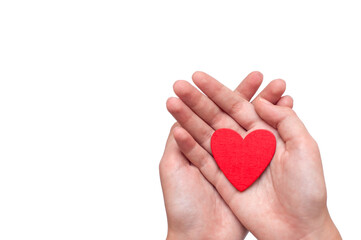 Two hands hold a heart made of wood on a white background.