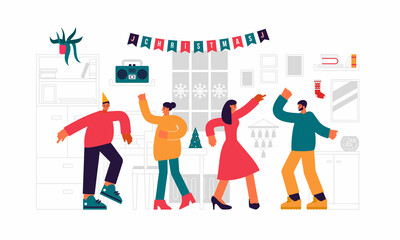 Youth new year party illustration. Happy young people dancing in apartment to holiday music from tape recorder. .