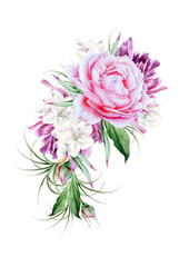 Watercolor bouquet with flowers. Rose. Peony. Illustration. Hand drawn.