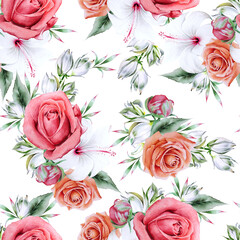 Bright seamless pattern with flowers. Peony. Hibiscus. Yucca. Hand drawn.