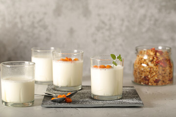 homemade yogurt with sea buckthorn and Chia seeds is on the table