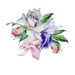 Watercolor bouquet with flowers. Rose. Iris. Illustration.  Hand drawn.