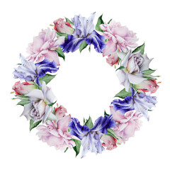 Floral  watercolor wreath with rose and iris. Illustration.  Hand drawn.
