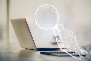 Desktop computer background in office and start up theme hologram drawing. Double exposure. Startup...
