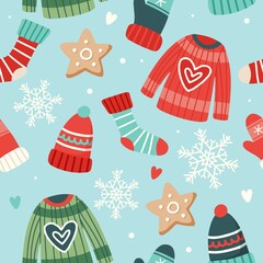 Christmas pattern cute seasonal elements, vector illustration in flat style