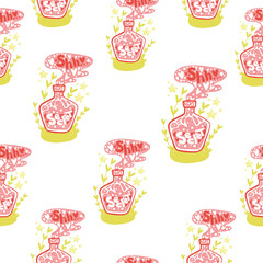 Vector seamless doodle pattern with liquid bottle and shh secret lettering. A cute concept for accessories for lovers, Valentine's Day and February 14th