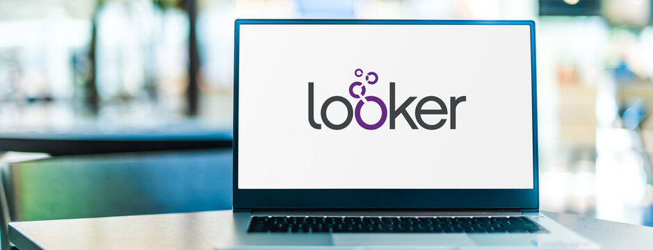 Laptop computer displaying logo of Looker Data Sciences