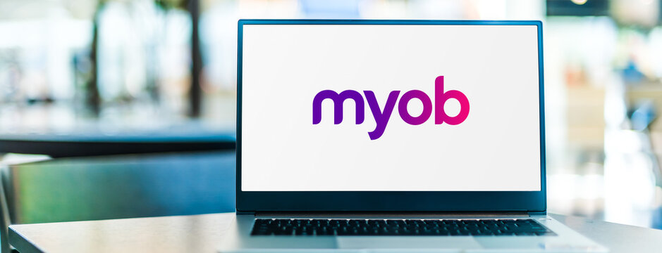 Laptop computer displaying logo of MYOB