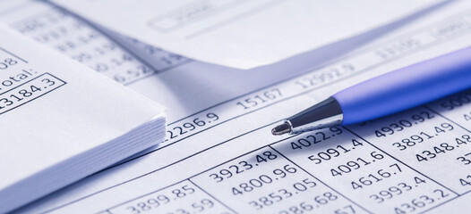Accounting document with pen and checking financial chart. Concept of banking, financial report and financial audit.